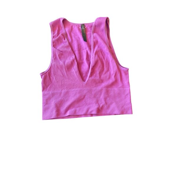 Out From Under Urban Outgitters Ribbed Pink V-Neck Cropped Tank Top L - Picture 1 of 4